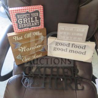 Assorted decor set featuring humorous and inspirational wooden signs, ideal for home decoration; includes five pieces.
