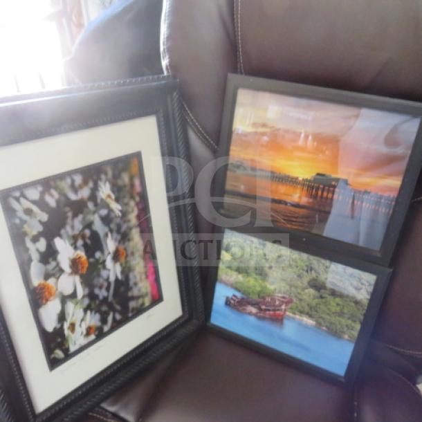 Assorted decor featuring three framed artworks: floral close-up, sunset pier, and shipwreck scene. Good condition.