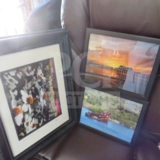 Assorted decor featuring three framed artworks: floral close-up, sunset pier, and shipwreck scene. Good condition.