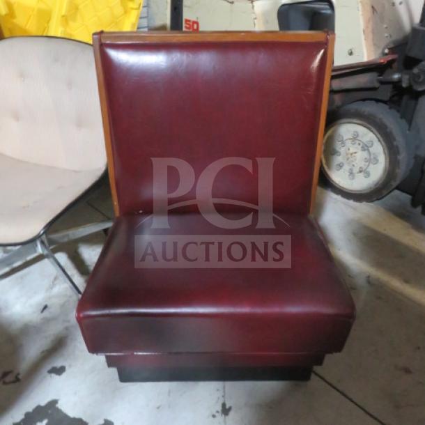 Wooden single-sided booth with red cushioned seat and back. Good condition. Ideal for home or restaurant use.