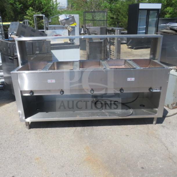 Advance Tabco 5 Well Electric Steam Table, Model HF-5E-240-BS, with stainless steel serve shelf, sneeze guard, and under shelf on casters. 78x24x48 inches, 208/240V, 3750/5000W.