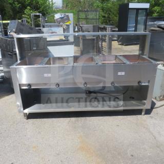 Advance Tabco 5 Well Electric Steam Table, Model HF-5E-240-BS, with stainless steel serve shelf, sneeze guard, and under shelf on casters. 78x24x48 inches, 208/240V, 3750/5000W.