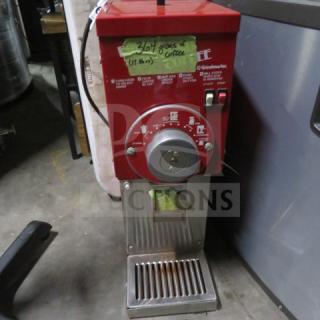 Grindmaster commercial coffee grinder model 835, red, 115V, used condition, price tag $1167.90, note reads "364 lbs of coffee."