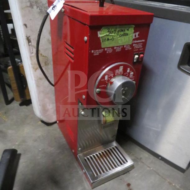 Grindmaster Model 835 Commercial Coffee Grinder, red, 115V, visible controls and grind settings, used, with labeling.