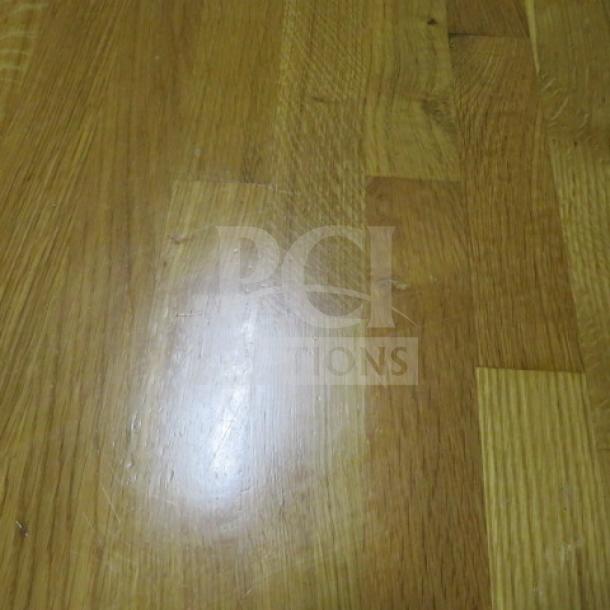 Butcher block table on pedestal base, 24x30x30 inches. Natural wood finish, excellent condition, sturdy construction.