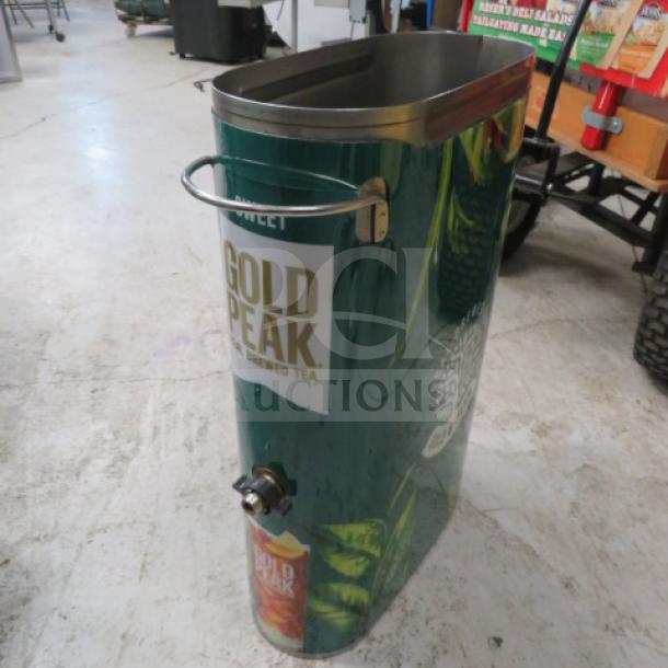 Slim Jim Tea Satellite dispenser featuring Gold Peak branding, stainless steel body, good condition, with metal handle and spout.