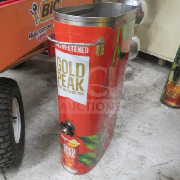 Gold Peak branded SS Slim Jim Tea Satellite dispenser, red with spout, stainless steel top, used condition.