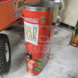 Gold Peak branded SS Slim Jim Tea Satellite dispenser, red with spout, stainless steel top, used condition.