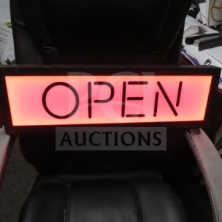A red illuminated "OPEN" sign, 23x7 inches, operational but missing a plug.