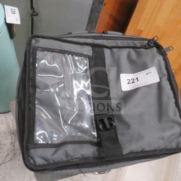 Winco insulated food carry bag with clear front pocket, grey fabric, visible tag indicating "221 QTY," durable condition.