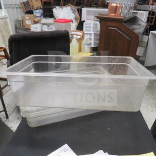 Clear full-size 6-inch deep food storage container, stackable, used condition, suitable for commercial kitchen use.