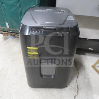 Amazon Basics paper shredder on casters, model B07NXJT6NN, 120V, black, good condition, visible control labels.