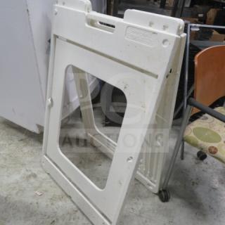 White Simpo Sign II sidewalk sign, foldable plastic frame, slightly worn condition, ideal for outdoor advertising.