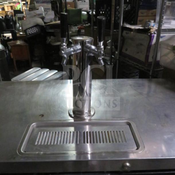 Beverage Air DD48Y-1-B Kegorator, 2 doors, 1 tower, 2 taps, casters, stainless steel, 115V, 48x23.5x39.5 inches, working condition.