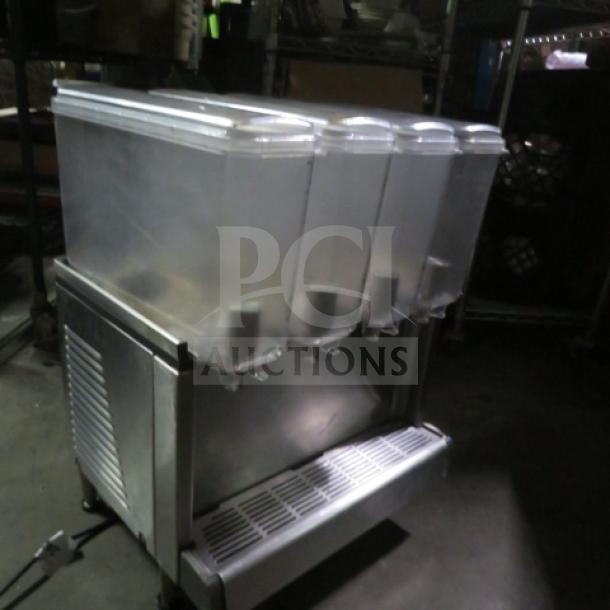 Crathco Quadruple 2.4 Gallon Refrigerated Beverage Dispenser, Model CS-4E/2D/3D-16, 120V, 21x17x28 inches, silver.