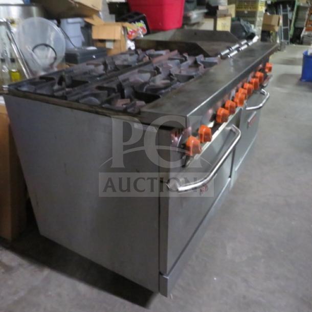 Sierra SR6B24G60 natural gas range with 6 burners, griddle, and 2 racks. Dimensions: 60x32x40 inches. Used condition.