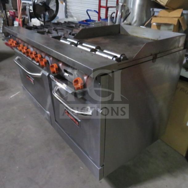 Sierra SR6B24G60 gas range with 6 burners, griddle, and 2 racks. Stainless steel, 60x32x40, clean condition.