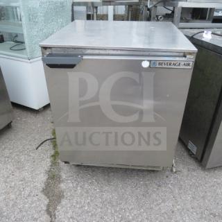 Stainless steel Beverage Air UCF27AHC worktop freezer, 1 door, with rack, on casters, 27x30x34 inches, 115V.