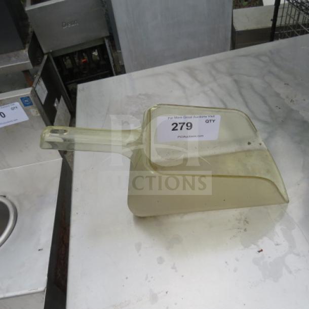 Rubbermaid ice scoop, clear plastic, shows slight wear. Label reads "279, Pop Menu Group Auction 2023-002."