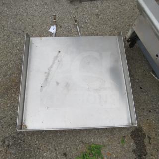 Stainless steel dishwasher side table, 23x23 inches, used condition, minor surface markings, durable structure.