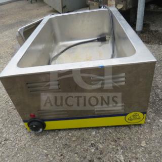 Adcraft FW-1200WF food warmer, stainless steel, 120V, 1200W, visible power cord, minor wear, quality assurance label.