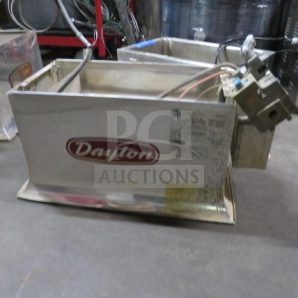 Dayton Infrared Radiant Heater, Model 3E132E, metal casing, visible wear, manufacturer's label with specifications.