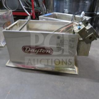 Dayton Infrared Radiant Heater, Model 3E132E, metal casing, visible wear, manufacturer's label with specifications.