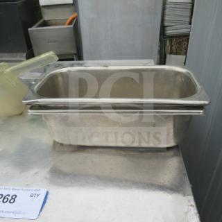 1/3 size, 4-inch deep stainless steel hotel pan, used condition, visible stacking design, label indicates lot 268.