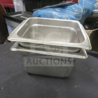 1/6 size 4-inch deep hotel pan, stainless steel, used condition, stackable, ideal for commercial kitchen use.