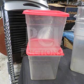 8-quart food storage container with red lid, clear plastic, gently used. Stacked design, ideal for kitchen organization.