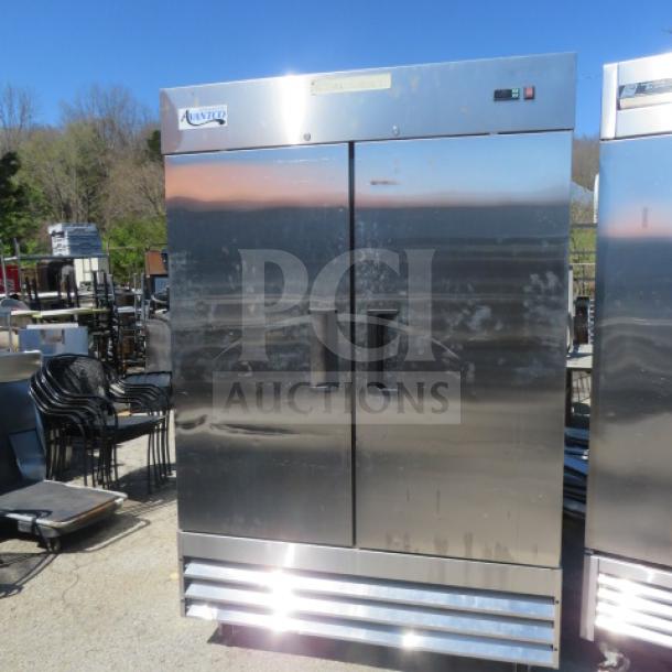 Avantco stainless steel 2-door freezer, model 178A49FHC, with 6 racks, on casters, 115V, 54x32x82.5, good condition.