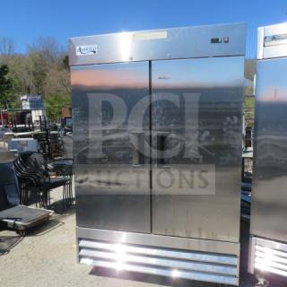 Avantco stainless steel 2-door freezer, model 178A49FHC, with 6 racks, on casters, 115V, 54x32x82.5, good condition.