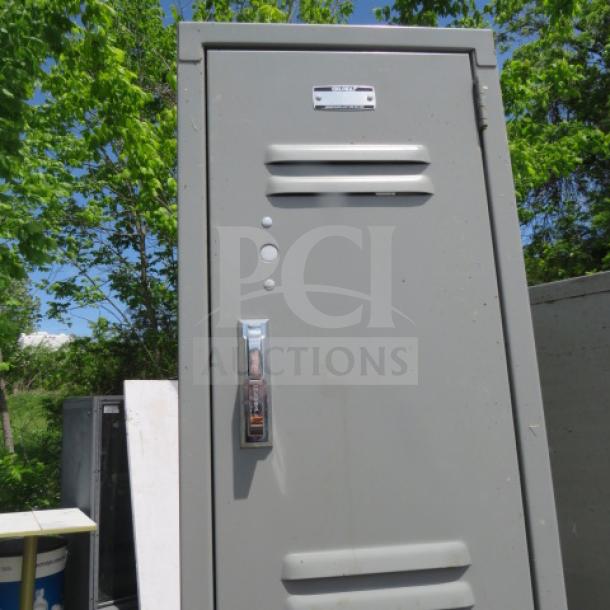 Global metal employee locker system with 3 lockers. Dimensions 12x15x78 inches. Durable, gray finish. Secure lockable doors.
