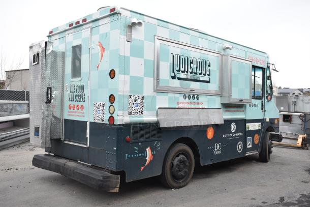 2002 Freightliner MT45 18' food truck, Ludicrous wrap, propane hookup, grease hood, fryer, griddle, grill, serving window.