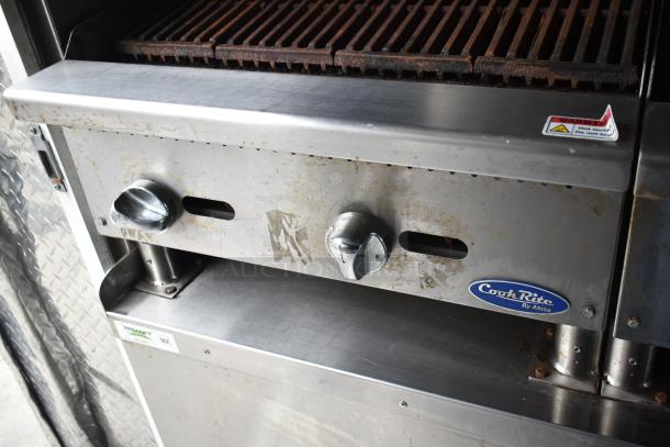CookRite grill on 2002 Freightliner MT45 food truck, features control knobs, warning label, and NSF certification.