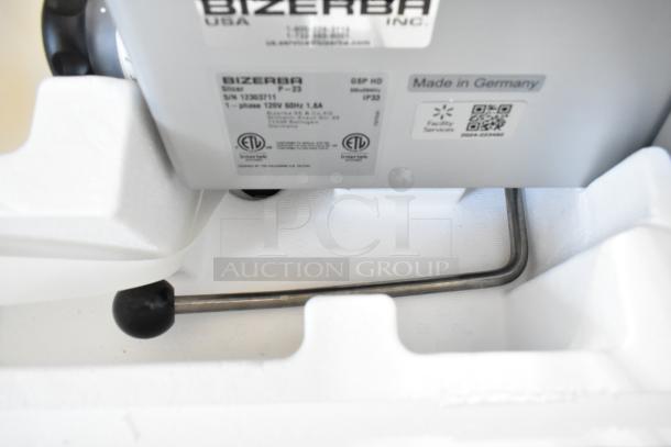 2023 Bizerba GSP HD Commercial Meat Slicer, 120V, 1 Phase, Model Label Showing Serial Number and Electrical Rating.