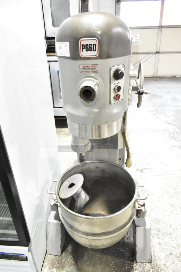 Hobart P660 60-quart commercial dough mixer with metal bowl and dough hook, 240 volts, 1 phase. Visible model label.