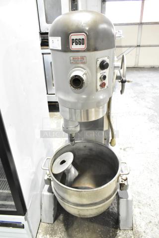 Hobart P660 60-quart commercial dough mixer with metal bowl and dough hook, 240 volts, 1 phase. Visible model label.