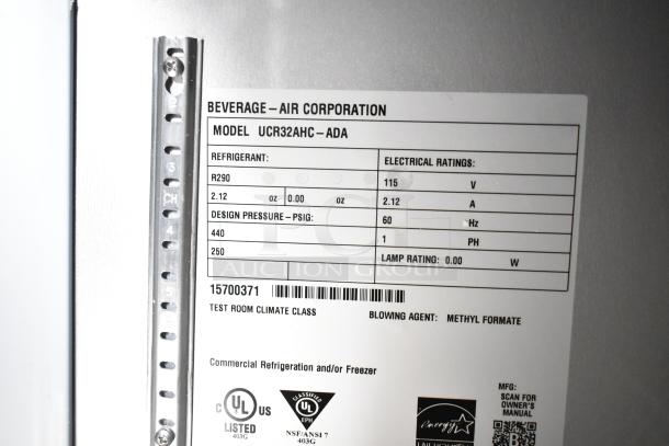 Brand new Beverage Air UCR32AHC-ADA cooler label showing model, refrigerant R290, 115V, 1 Phase, UL listed.