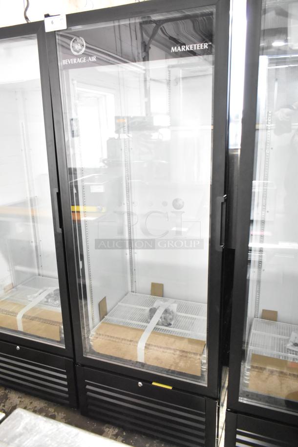 Beverage Air MT23-1 B 18 black refrigerated merchandiser, glass door, LED lighting, left hinge, new with minor scratches.