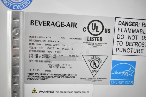 Beverage Air MT23-1 B 18 label, showing model specifics, UL listing, 115V, and refrigerant details for a commercial fridge.