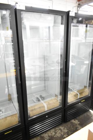 Beverage Air MT23-1 B 18 glass door merchandiser, black, left-hinged, LED lighting, 115V, scratch and dent condition.