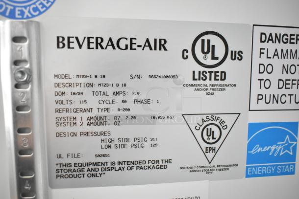 Beverage Air MT23-1 B 18 label, 115V, 1 phase, R-290 refrigerant; UL and Energy Star certifications visible.