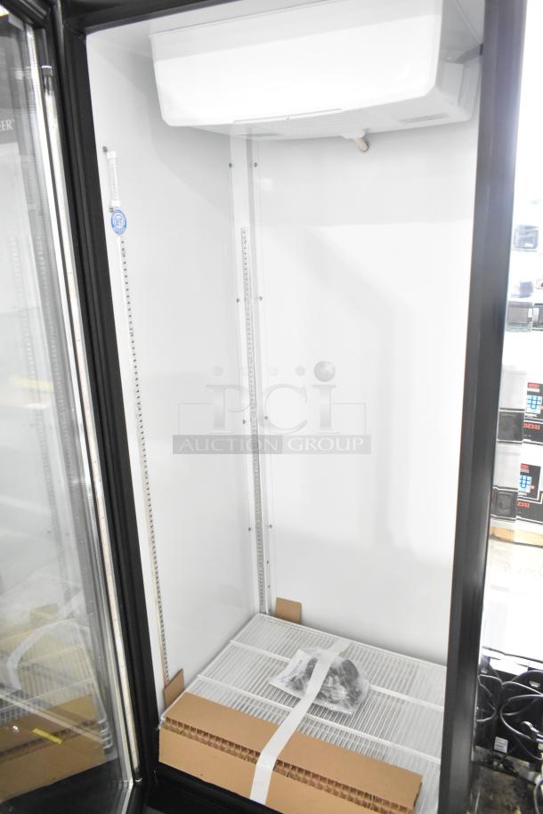 Beverage Air MT23-1 B 18 glass door merchandiser, black, left-hinged, scratch and dent condition. LED lighting, 115V.