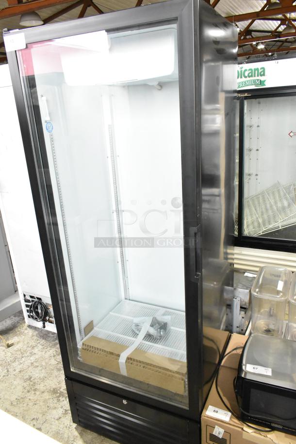 Brand new Beverage Air MT23-1 B 18 black glass door merchandiser, left hinged, LED lighting, 115 volts, minor cosmetic dents.