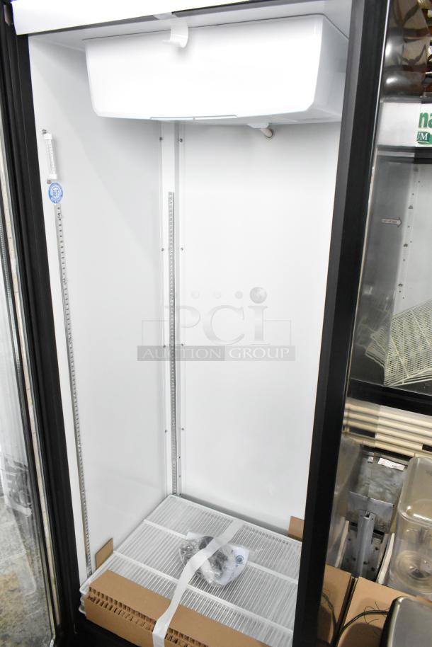 Beverage Air MT23-1 B 18 black refrigerated glass door merchandiser, left hinged, LED lighting, new, scratch and dent, 115V.