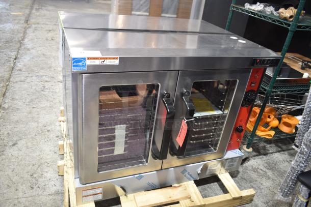 Brand new 2025 Vulcan VC4ED commercial convection oven, electric-powered, view-through doors, thermostatic controls, minor dents.