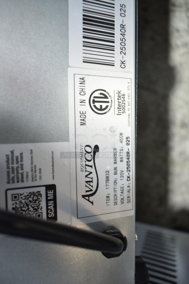 BRAND NEW 2025 Avantco 177BW32 Stainless Steel 32 Bun Warmer, 120V, with visible label showing model, wattage, and ETL mark.