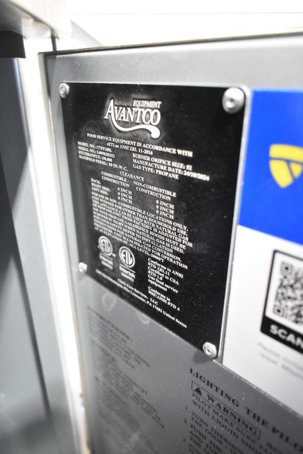 Avantco 177FF100L Commercial Liquid Propane Fryer label showing model, safety standards, and specifications.