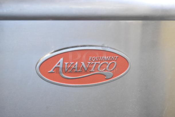 Brand label on new Avantco 177FF100L commercial propane fryer, 70-100 lb capacity, 150,000 BTU, stainless steel, scratch and dent condition.
